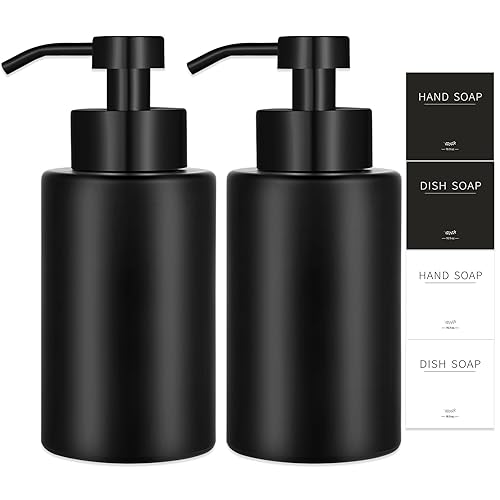 JiatuA Foaming Soap Dispenser Set  17 Oz Glass Hand Soap Dispenser with Matte Black 304 Rust Proof Stainless Steel Pump  Waterproof Labels  for Bathroom Decor Kitchen College Dorm  2 Pack